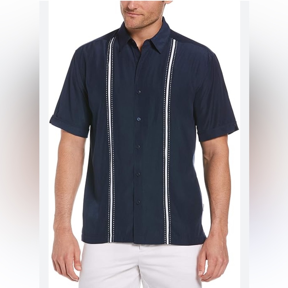Cubavera Men’s Big Tall Navy Intricate Embroidered‎ White Thread Shirt. Size 2X